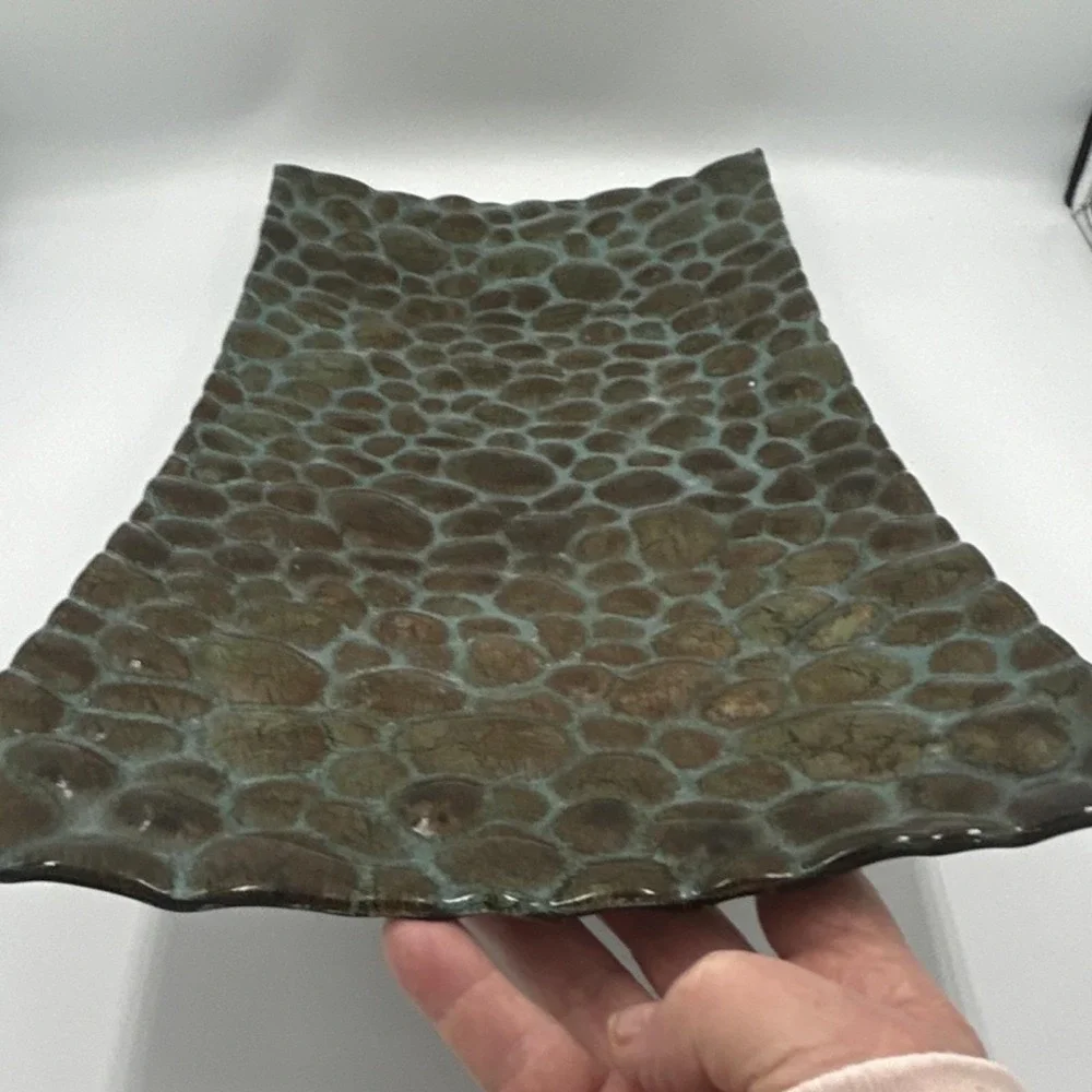 Carolyn Kinder metal Tray, Rectangular, Pebble Pattern, Brown Green, Glossy